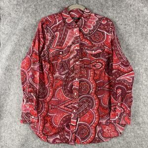 Lauren Ralph Lauren Silk Blend Top Womens 1X Red Paisley Button Up Blouse Career